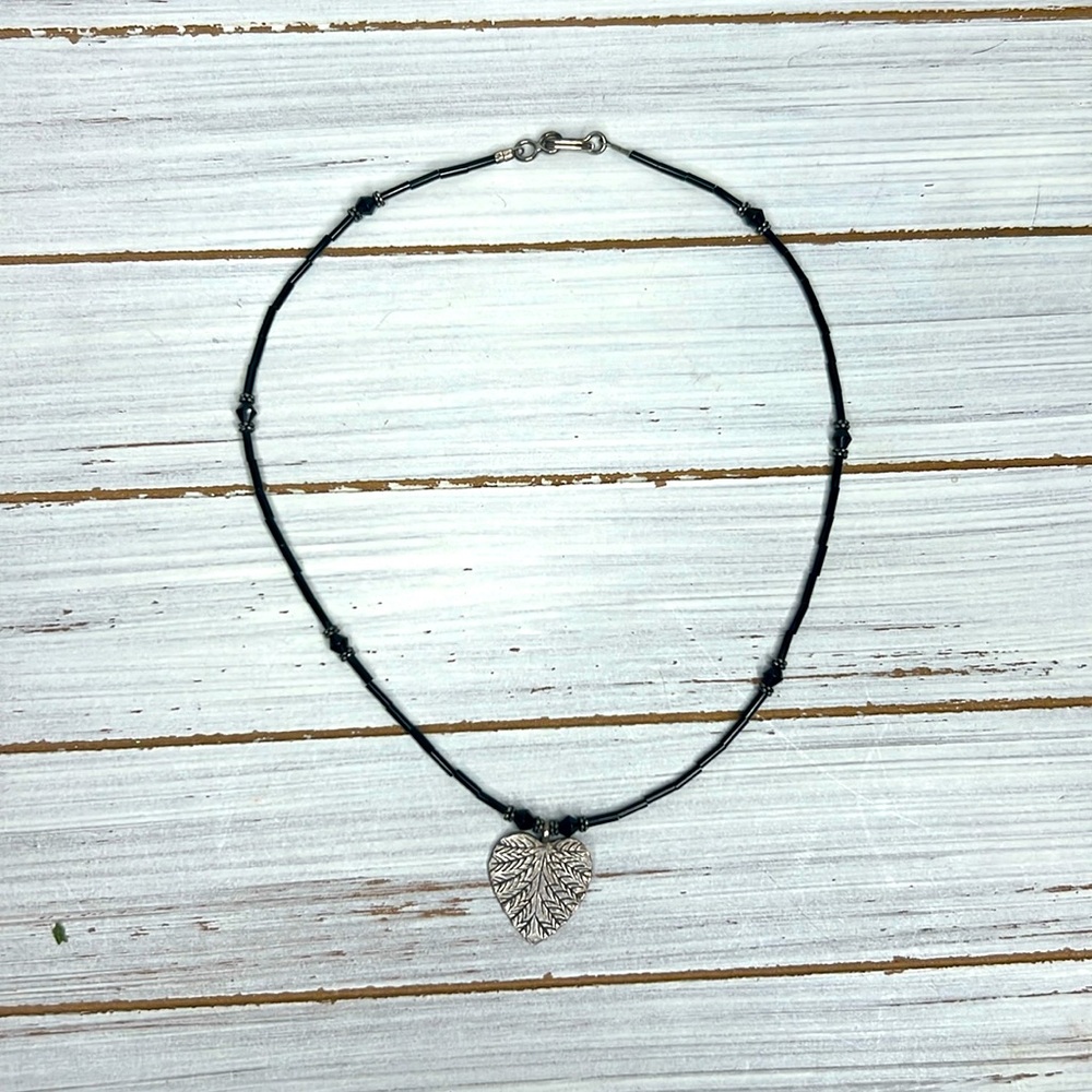 Aspen Leaf Pendant and Black Beaded Necklace